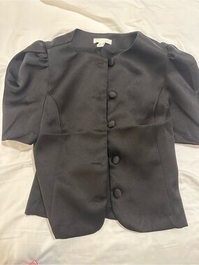 H&M Black Satin Button Blouse with Puff Sleeves
